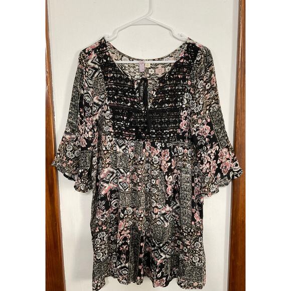 Alya Boho Crochet Tie Front Dress Sz Large Bell Sleeves Patchwork Floral Gypsy - Picture 2 of 5
